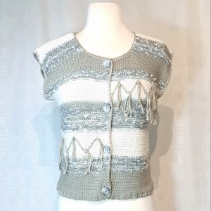 Womens Sweater Buttons Crochet Knit Short Sleeve Brown Blue Western Shirt Top-M